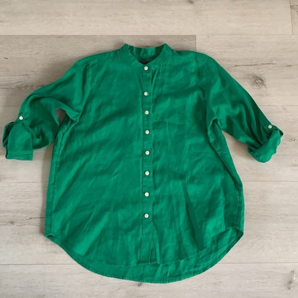Ann Taylor Emerald Green linen size S Button Down Shirt summer beach travel - Picture 5 of 8